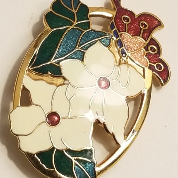 Cloisonne 80s pin/brooch, with butterfly & dogwood - Picture 2 of 4
